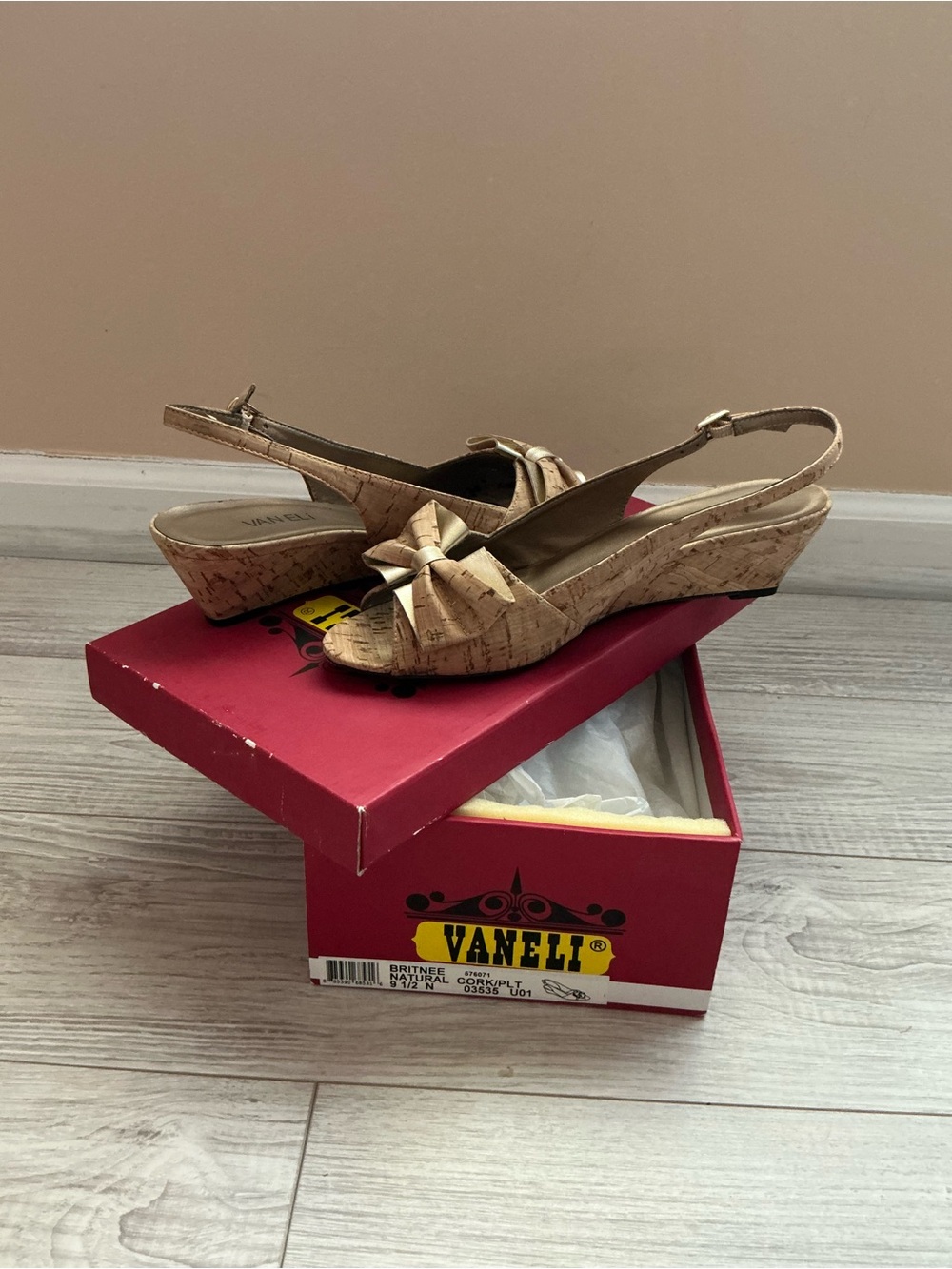 Vaneli Tan Cork Knot Wedge Slingback Sandals